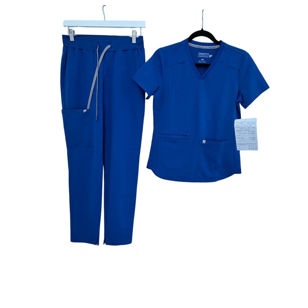 Fabletics NWOT XXS Royal Blue Ion Scrub Pants Straight & XXS mode Scrub Top READ